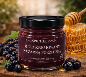 Miód kremowany z czarną porzeczką 250 g – naturalny miód owocowy o porzeczkowym smaku