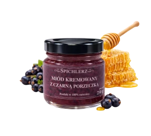 Miód kremowany z czarną porzeczką 250 g – naturalny miód owocowy o porzeczkowym smaku