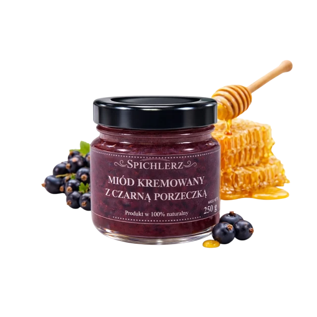 Miód kremowany z czarną porzeczką 250 g – naturalny miód owocowy o porzeczkowym smaku
