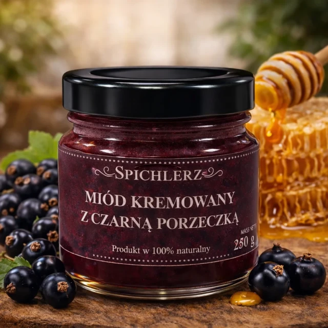 Miód kremowany z czarną porzeczką 250 g – naturalny miód owocowy o porzeczkowym smaku