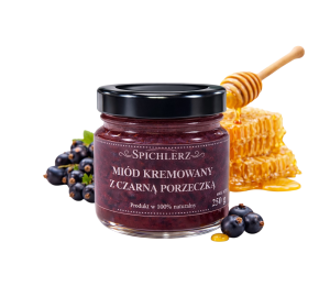 Miód kremowany z czarną porzeczką 250 g – naturalny miód owocowy o porzeczkowym smaku