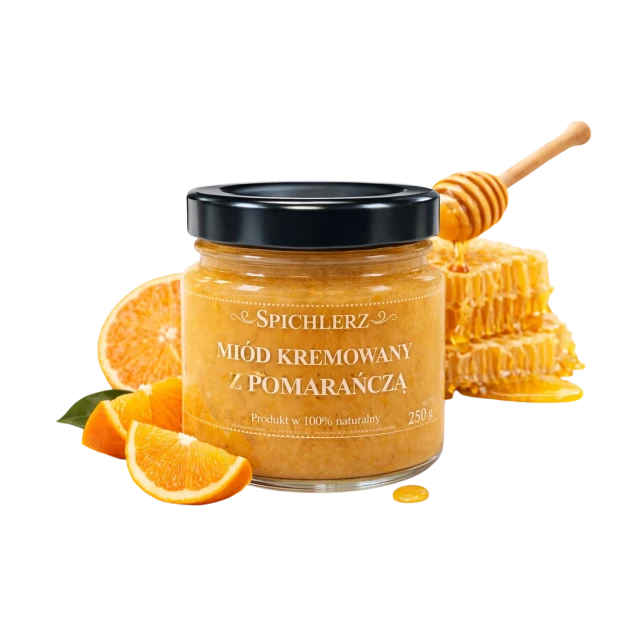 Miód kremowany z pomarańczą 250 g – naturalny miód owocowy o cytrusowym smaku