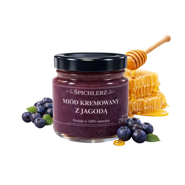 Miód kremowany z jagodą 250 g – naturalny miód owocowy o jagodowym smaku