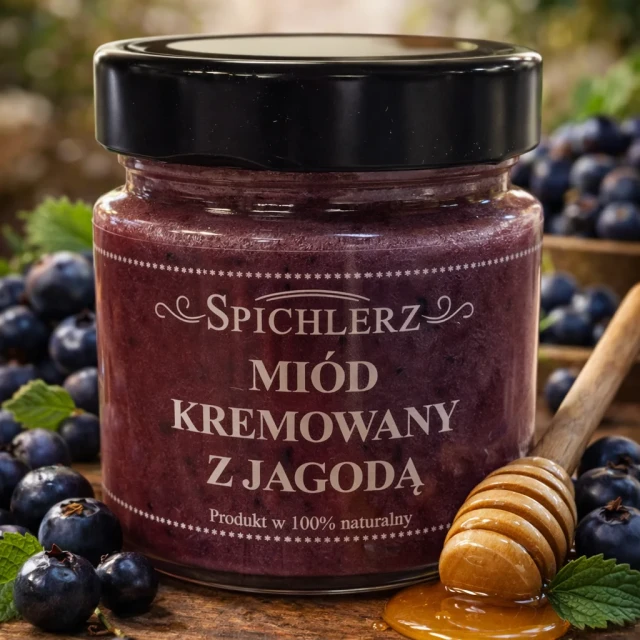 Miód kremowany z jagodą 250 g – naturalny miód owocowy o jagodowym smaku