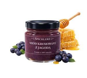 Miód kremowany z jagodą 250 g – naturalny miód owocowy o jagodowym smaku