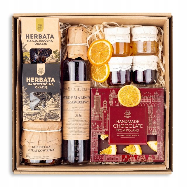 Elegancki ZESTAW kosz prezentowy CZEKOLADA herbata prezent na URODZINY box