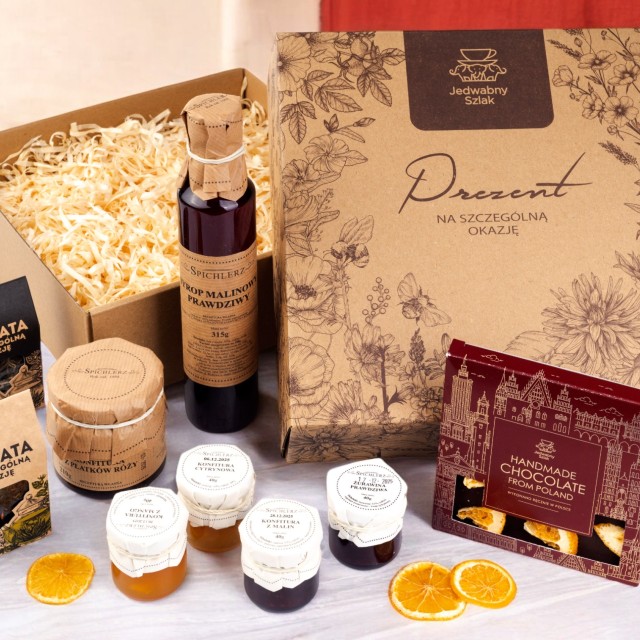 Elegancki ZESTAW kosz prezentowy CZEKOLADA herbata prezent na URODZINY box