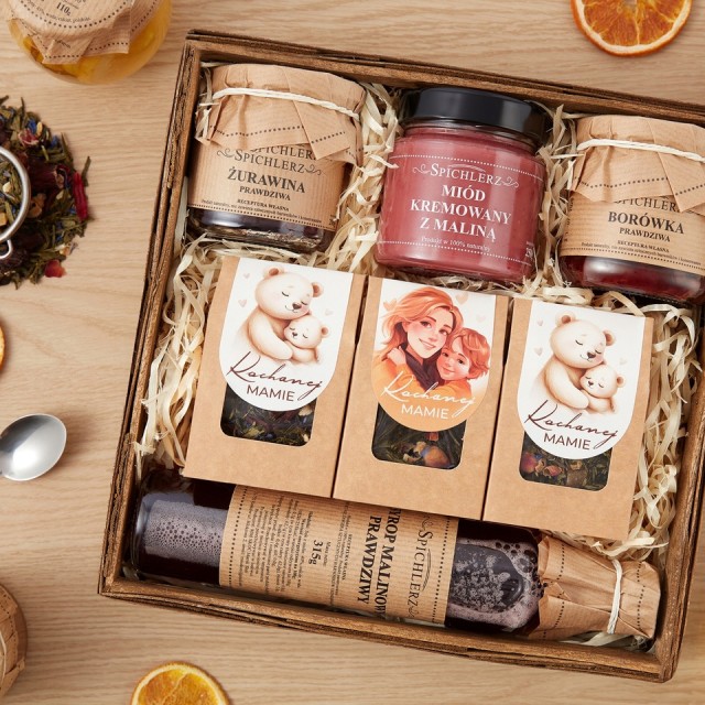 Prezent na DZIEŃ MATKI zestaw herbat SYROP miód KONFITURA żurawina BOX