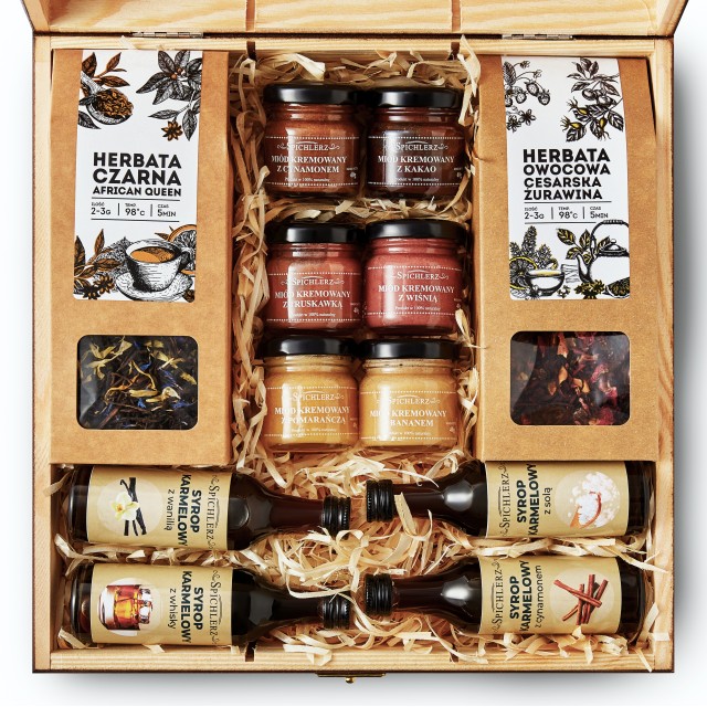 Elegancki PREZENT premium skrzynka MIODY HERBATY syropy DUŻO SKŁADNIKÓW