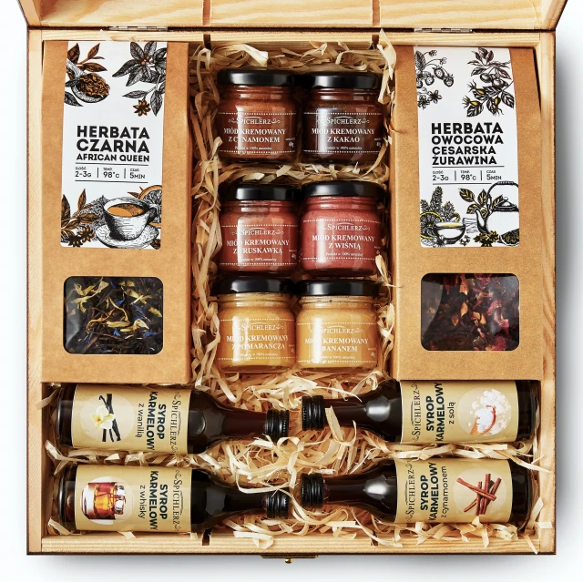Elegancki PREZENT premium skrzynka MIODY HERBATY syropy DUŻO SKŁADNIKÓW