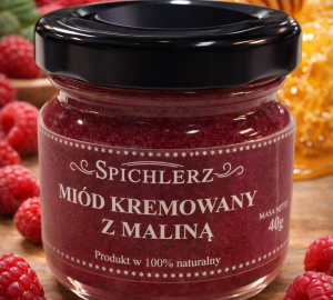 Miód kremowany z maliną 40 g – naturalny miód owocowy o malinowym smaku