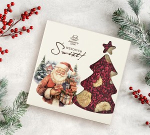 Czekolada na święta ciemna z bananami i malinami 85g MIkołaj z prezentami