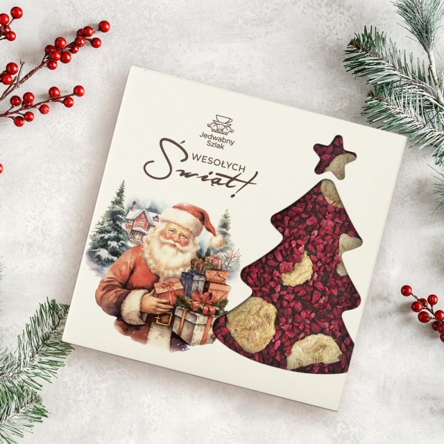 Czekolada na święta ciemna z bananami i malinami 85g MIkołaj z prezentami