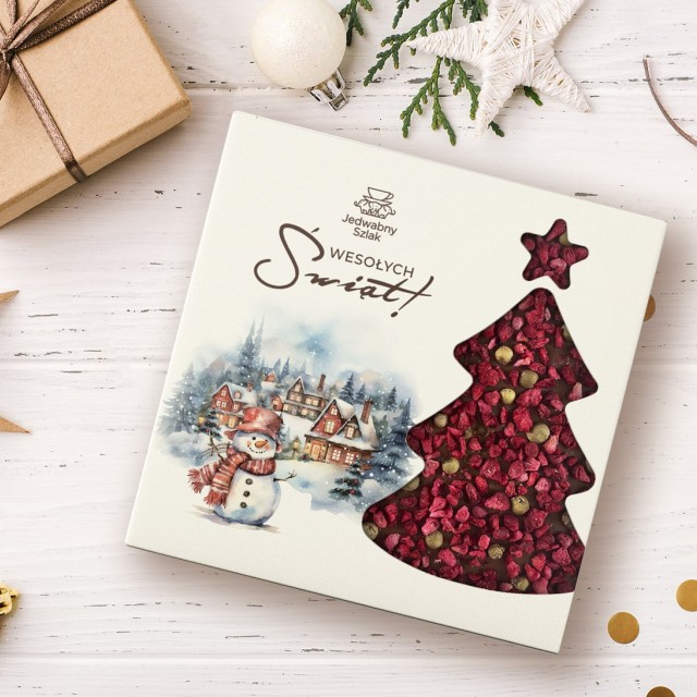 Czekolada na święta mleczna z zielonym pieprzem, malinami 85g