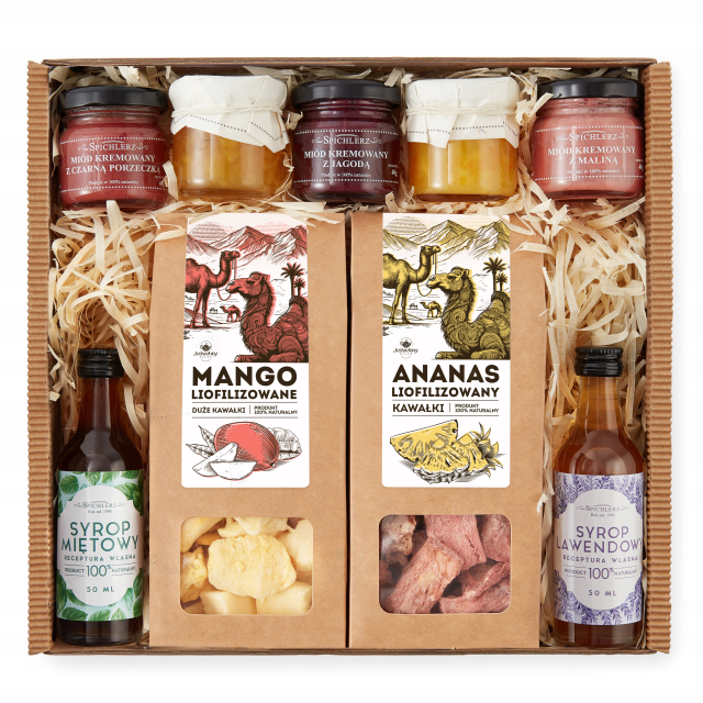 Elegancki ZESTAW PREZENTOWY ananas mango syrop lawendowy MIODY konfitu