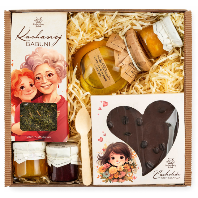 UPOMINEK dla BABCI prezent na urodziny zestaw KOSZ czekolada herbata BOX