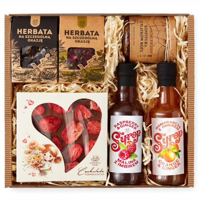 Kosz na prezent czekolada syrop herbata konfitura
