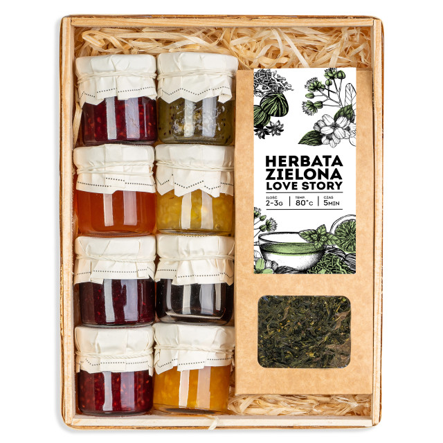 Kosz prezentowy konfiturki z herbatą