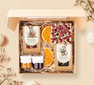 PREZENT NA WIELKANOC upominek zestaw pudełko herbata czekolada słodycze